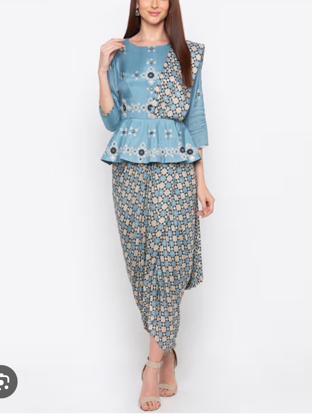 Blue Peplum Skirt with Attached Pallu -
